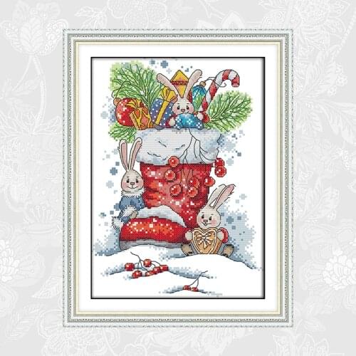 The Rabbit in the Christmas Boots Patterns Fabric 11CT 14CT Aida Cross Stitch DIY Hand Embroidery Needlework Kit Home Decor