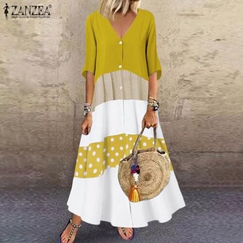 ZANZEA Vintage Women Summer Sundress Bohemian Plaid Dresses V Neck Half Sleeve Patchwork Long Dress Retro Polka Dot Vestidos 7