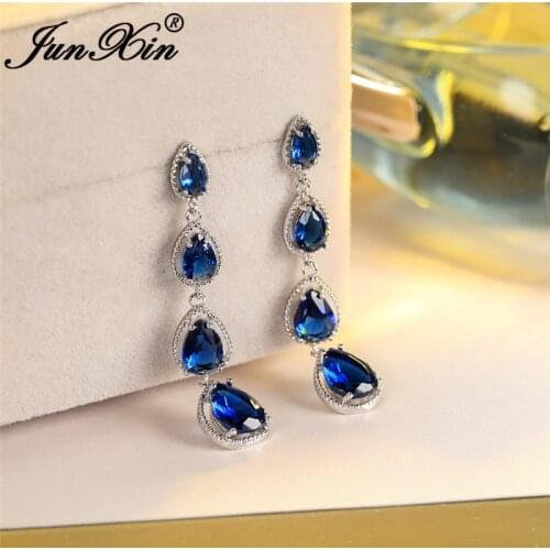 Female Crystal Water Drop Stone Dangle Earrings White Gold Wedding Royal Blue Green Purple Zircon Long Drop Earrings For Women