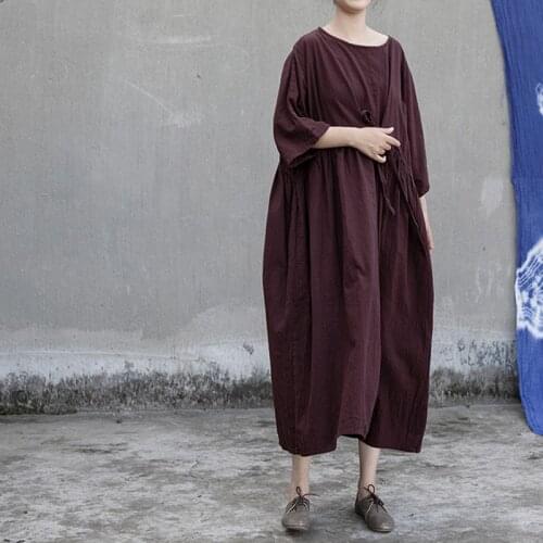 Johnature Cotton Linen Dresses For Women Spring Vintage Robes 2021 New Belt Women Seven Sleeve Solid Color Dresses