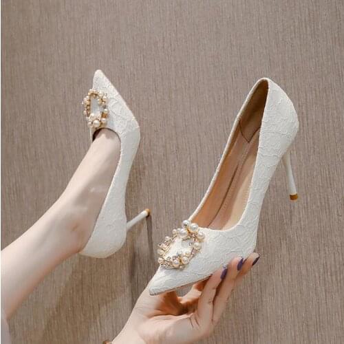 2021 New White Lace Bridesmaid High Heels Female Pointed Toe Plus Size Women Shoes 41 42 43