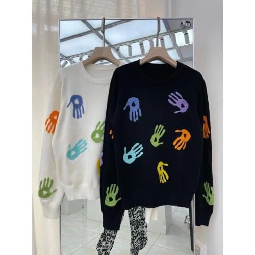 Brand Sweaters Women Pullover White Black Knit Tops O-Neck Runway Design Floking Jumper Casual Streetwear Jersey Harajuku Korean