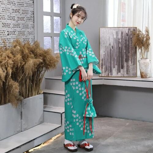 Japanese Traditional Kimono Costume Women Green Long Robe Japanese Style Folk Dance Performance Costume Female Yukata DQL1420