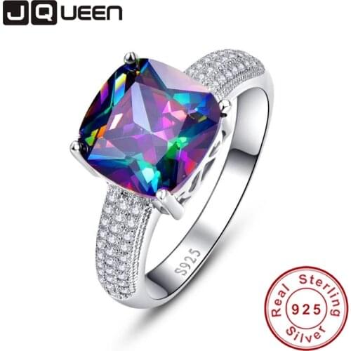 JQUEEN 925 Sterling Silver Ring Gem Stone 7.3ct Genuine Rainbow Fire Mystic Topaz Ring Pure Solid Wedding Band Rings for women