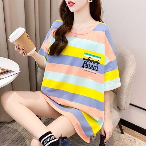 #0623 Summer Colorful Striped T Shirt Loose Women Short Sleeves Cotton Harajuku Letters Print Long T-shirt Femme Korean Fashion