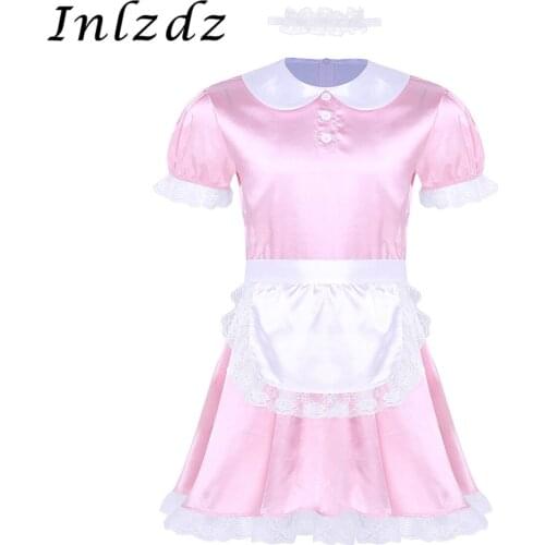 3Pcs Mens Sissy Crossdressing Girls Maid Dress Uniform Costume Doll Neck Short Sleeve Sissy Satin Dress with Headband and Apron