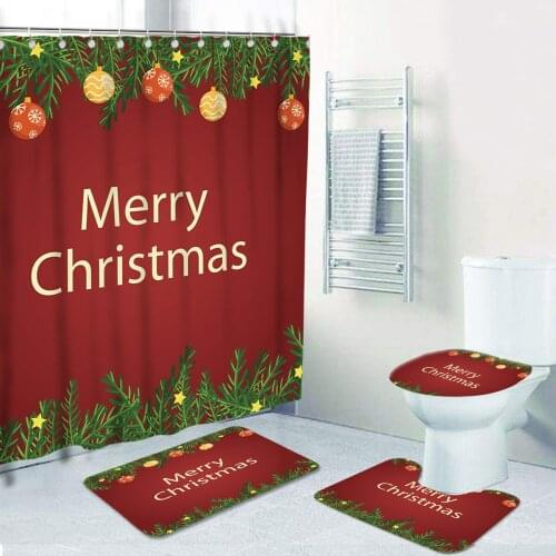 Merry Christmas Shower Curtain Waterproof Entrance Doormat Bathroom For Bath Anti-Slip Rug 4Pcs Set Toilet Seat Cover Floor Mat