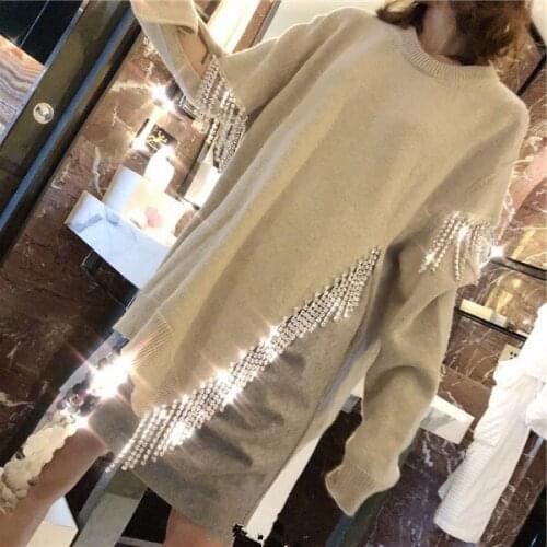 Cakucool Beading Chain Knit Tops Women Long Sleeve O-neck Sequined Slit Sweaters Shiny Jumpers Sweater Knit Pullovers Female