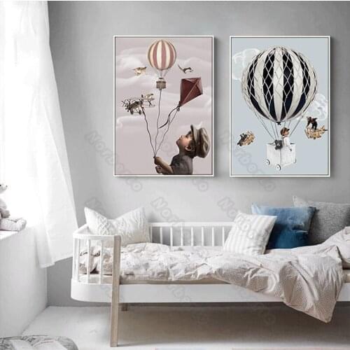Cartoon Pictures Canvas Painting and Posters Pink and Black Balloons Little Boys and Animals for Babys Rooms Wall Decoration