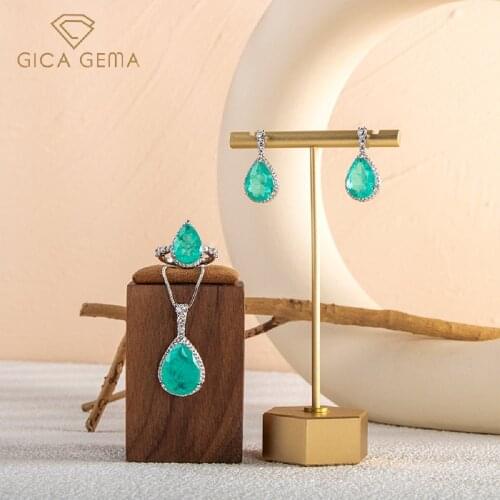 GICA GEMA 100% 925 Genuine Silver Jewelry Set Rings Pendants Earrings Created Paraiba Blue Gemstone Promise Luxury Fine Jewelry