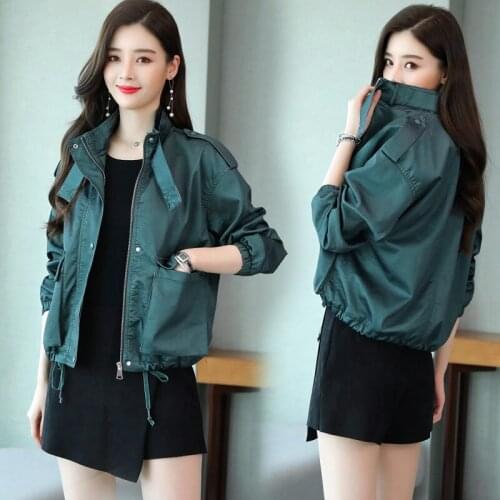 Pu Leather Jacket Short Jacket Female 2020 Spring Autumn Korean Stand Collar Motorcycle Clothing Loose Safari Style Coat K687