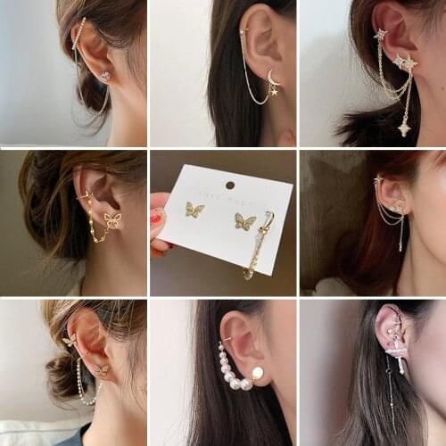 Fashion Ear Clip Single Earrings Star Double Chain Tassel Cuff Earrings For Women Gift Moon Pendant Long Tassels Chain