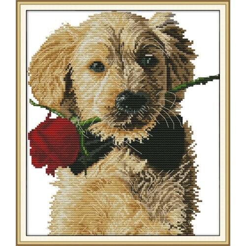 Dog and rose cross stitch kit aida 14ct 11ct count print canvas cross stitches needlework embroidery DIY handmade