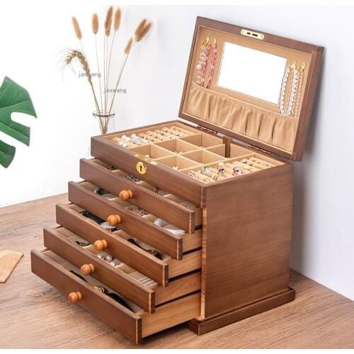 Solid Wood Earrings Necklace Jewelry Organizer Retro Rings Makeup Storage Boxes Chinese Style Household Multi-layer Dressing Box