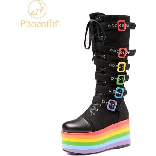 Phoentin Rainbow knee high Boots womens Fashion High Platform Cake Bottom Ladies Shoes Thick Sole Chic Long denim Boot FT1663