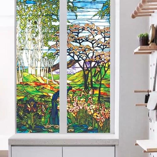 Glass Films Frosted Privacy Window Film Stained Glass Film Tiffany Retro Forest Colorful Window Door Stickers Can make any size
