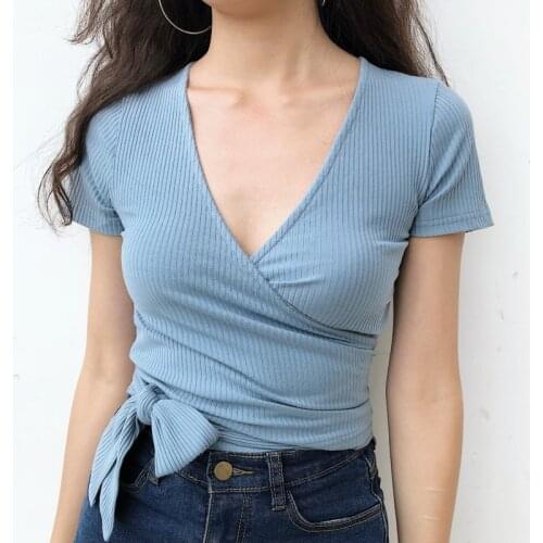 TVVOVVIN Women Summer Sweet Fashionable Short-sleeved Shawl Solid Deep V-Neck Streamer Bow Folds Bandage Casual T-shirt 8R1E