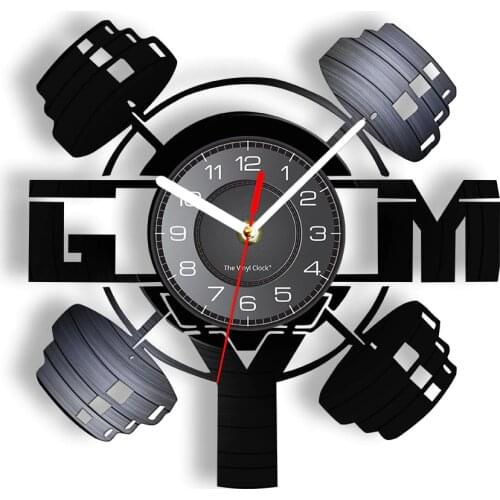 GYM Weightlifting Vinyl LP Record Wall Clock Fitness Center Bodybuilding Art Decor Workout Vintage Vinyl Disk Crafts Wall Watch