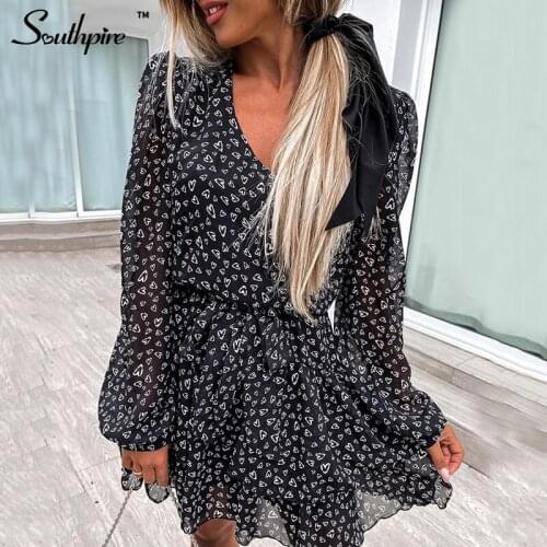 Southpire Womens A-Line V-Neck Black Vintage Dress Chiffon Long Sleeve Elastic Waist Mini Party Dress Ladies Autumn Day Clothes