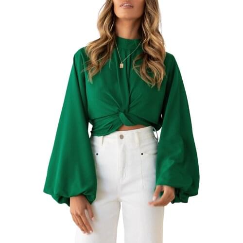 Wsevypo Women Twist Knotted Hem Blouse Elegant Fashion Solid Color Round Neck Long Lantern Sleeve Crop Tops for Office Ladies