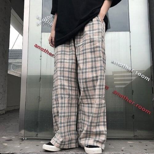 Female korean trousers sweatpants jogger clothes vintage plaid pants elastic waist women high waist plus size wide leg Pants