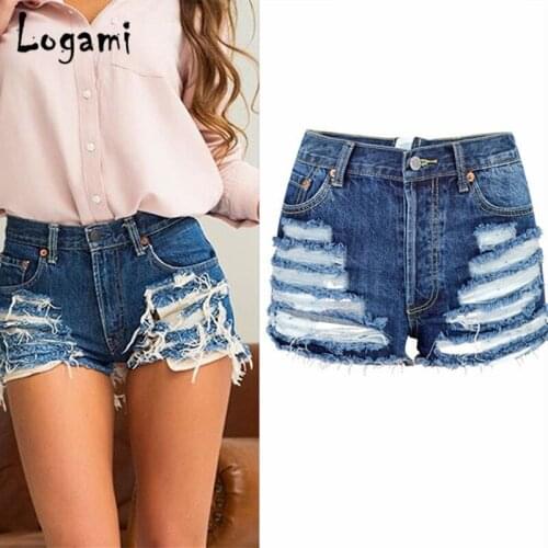 LOGAMI High Waist Zipper Back Ripped Denim Shorts Women Sexy Jeans Shorts Summer