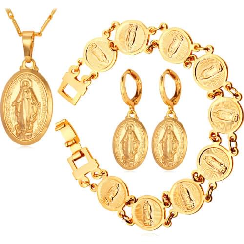 Collare Virgin Mary Jewelry Sets For Women Gold/Silver Color Mother Mary Necklace Earrings Bracelet Sets Women Jewelry S214