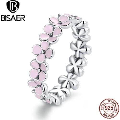 BISAER 925 Sterling Silver Pink Wreath Wedding Ring Jewelry Silver 925 Finger Rings for Women Engagement Anel ECR681