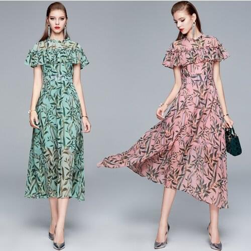 Summer Womens Round Neck Bamboo Leaf Printed Dress 2021 Runway Elegant Ruffled Holiday Chiffon Dress