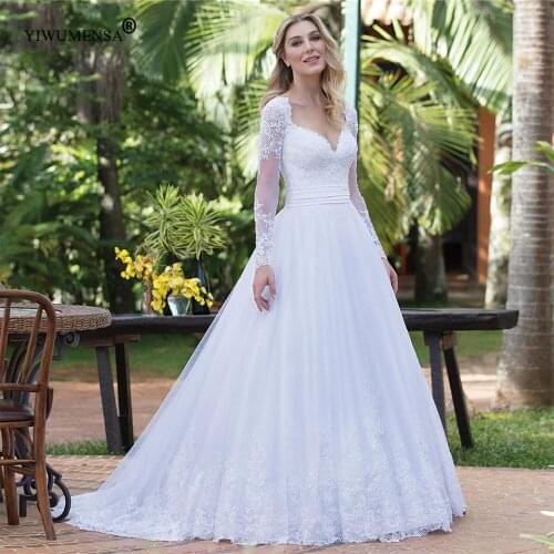 Robe De Mariée 2020 V Neck Long Sleeves White Lace A Line Wedding Dresses Appliques Bridal Gown Custom Made свадебное платье