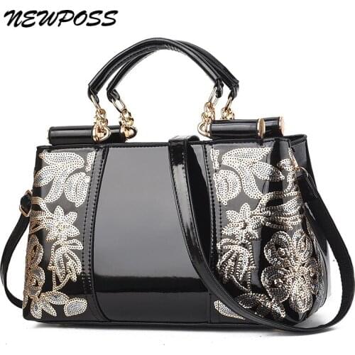 2020 Brand Designer New Women Patent Leather Handbag Sequin Embroidery Shoulder Crossbody Bag Famous Ladies Purse Messenger Tote