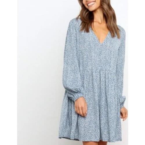 2021 Boho Style Floral Print Pleated Dress Long Sleeve Women Mini Dress V Neck Loose Ladies Dresses Beach Sundress Ropa Mujer