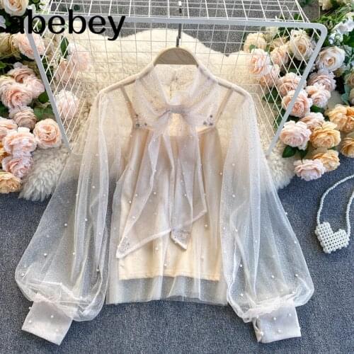 Design Retro Beading Mesh Blouse Women Bow Stand Collar Lantern Sleeve Tops Autumn French Chic Streetwear Blouses