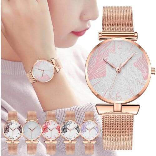Tadi Brand Women Rose Gold Mesh Belt Leaf Dial Watches Ladies Luxury Quartz Analog Watches Gift Clock Relogio Feminino