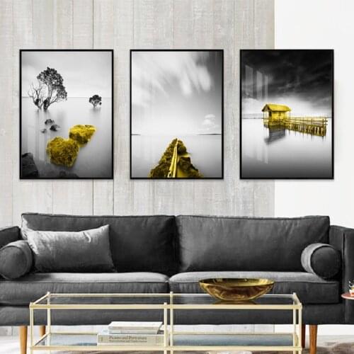 Black and Yellow Landscape Lake Bridge Canvas Paintings House Stone Wall Art Prints Poster for Living Room Home Decoration