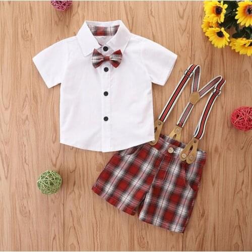 2 Pieces Kids Suit Set Boys Plaid Turn-Down Collar Short Sleeve Shirt Suspender Trousers Summer Boys Party Formall Outfits