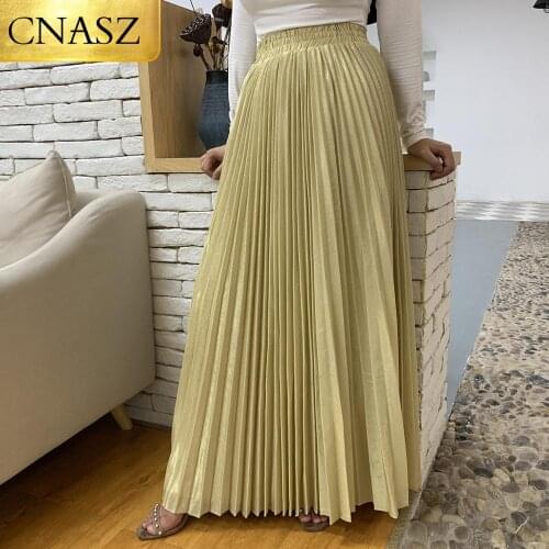 New Arrivals Metallic Pleated Maxi A-Line Autumn Winter Long Skirt Solid Satin Pleated Maxi Skirt Muslim Womens Islamic Turkey