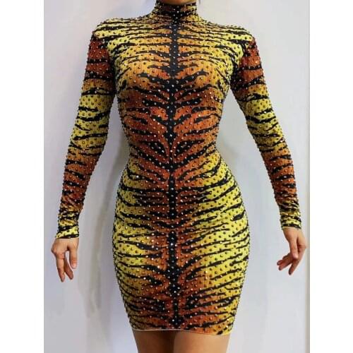 Leopard Stripes Pattern Rhinestone Long Dresses for Women Birthday Celebrate Prom Wear Women Dancer Show Evening Club Dress