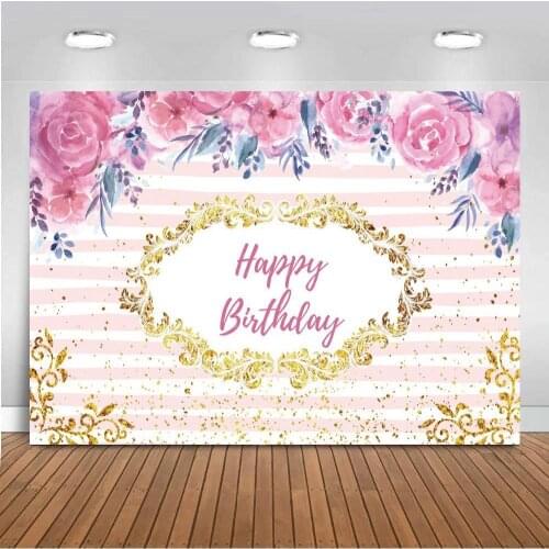 Golden Lip Print Shape Women Birthday Photo Backgrounds Floral Flowers Tassel Pink Striped Cake Table Wall Decor Backdrops