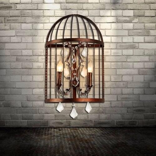 AC110-250V Edison Vintage Metal Bird Cage Wall Lights Crystal Pattern Candle Wall Sconce Lighting Home E14 2 Heads pomelo lamps
