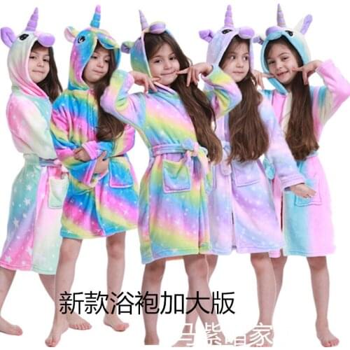 Childrens Bathrobe 6-11 Y Baby Girls Cartoon Cute Unicorn Pajamas Flannel Hooded Rainbow Striped Robes for Girls Kids Sleepwear