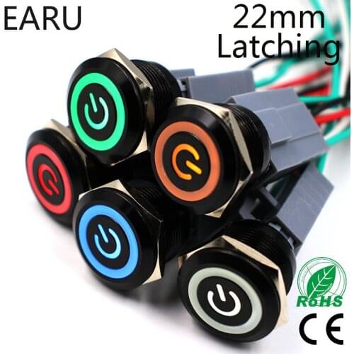 22mm Alumina Black Body Press Metal Push Button Switch LED Light Waterproof Latching with Fixation Self-lock Power Mark 5V 12V