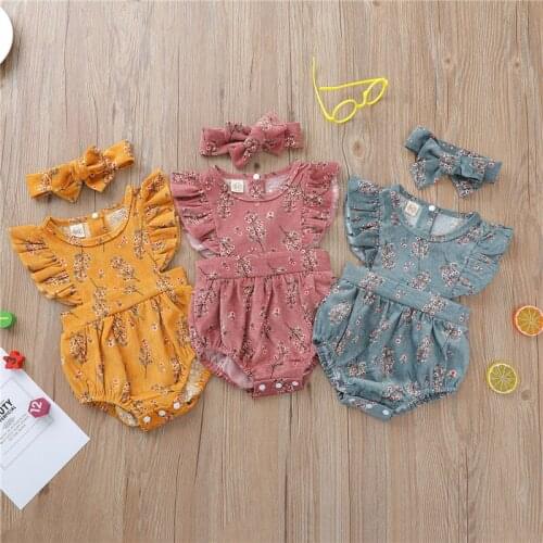 0-24M Newly Summer Baby Girls Corduroy Bodysuits Flowers Print Ruffles Fly Sleeve Jumpsuits Headband Newborn Baby Girls Jumpsuit