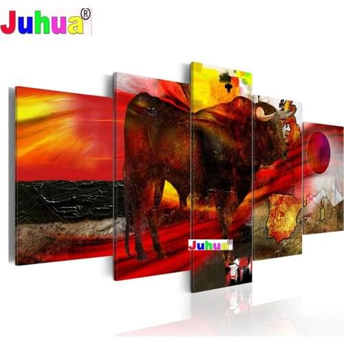 Color Cow D DIY diamond painting cross stitch Full Square Round diamond embroidery mosaic wall picture Animal Bull 5 PCS/set