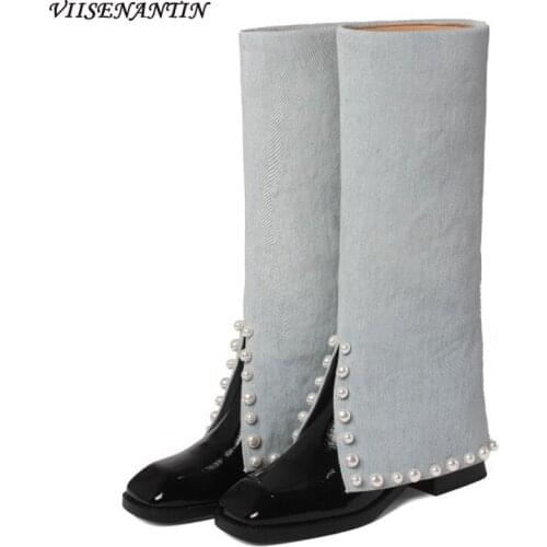 Patent Leather Stitching Denim Autumn Beaded Trousers Boots Autumn Round Toe Mid-heel High Boots But Knee-folding Knight Boots