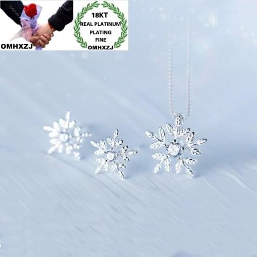 OMHXZJ Wholesale JE55 Hot Fashion Woman Party Birthday Wedding Gift Snowflake 18KT White Gold Necklace+Drop Earrings Jewelry Set