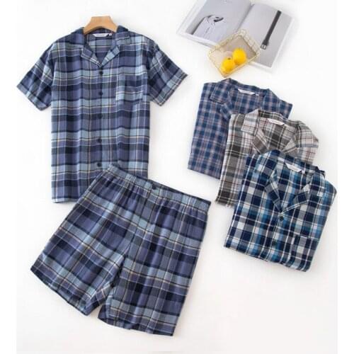 Fashion Plaid male Shorts Sleepwear 100% Cotton plus size Short Pajamas Sets Men Casual Short-sleeve plus size Sleepwear