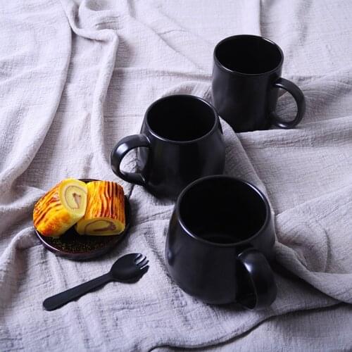 Simple Design 400ml 500ml Balck Coffee Mugs with or without Cover and Spoon Ceramic Round Milk Water Juice Cup