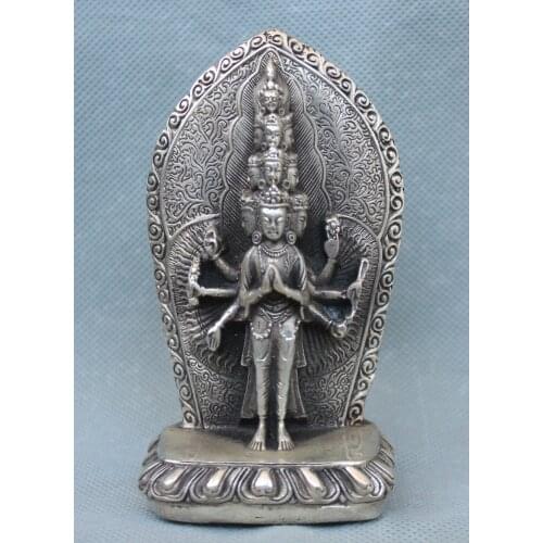 Tibetan Buddhism Silver 1000 Arms Avalokiteshvara of Goddess Guan Yin Statue