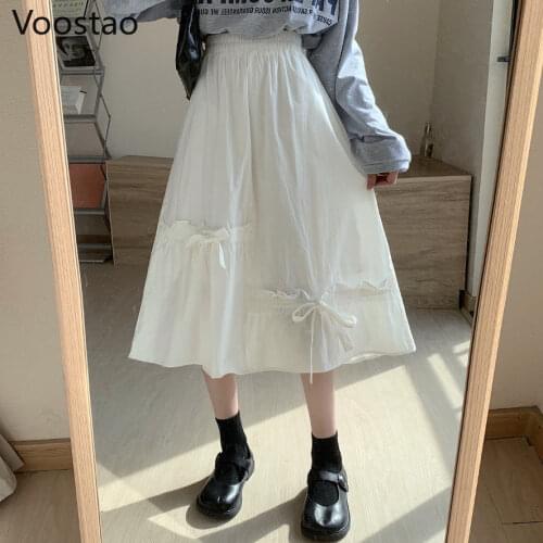 Japanese Sweet Lolita Style Midi Skirt Spring Autumn Women ElegantHigh Waist Bow Skirts Mori Girl Cute Kawaii Preppy White Skirt